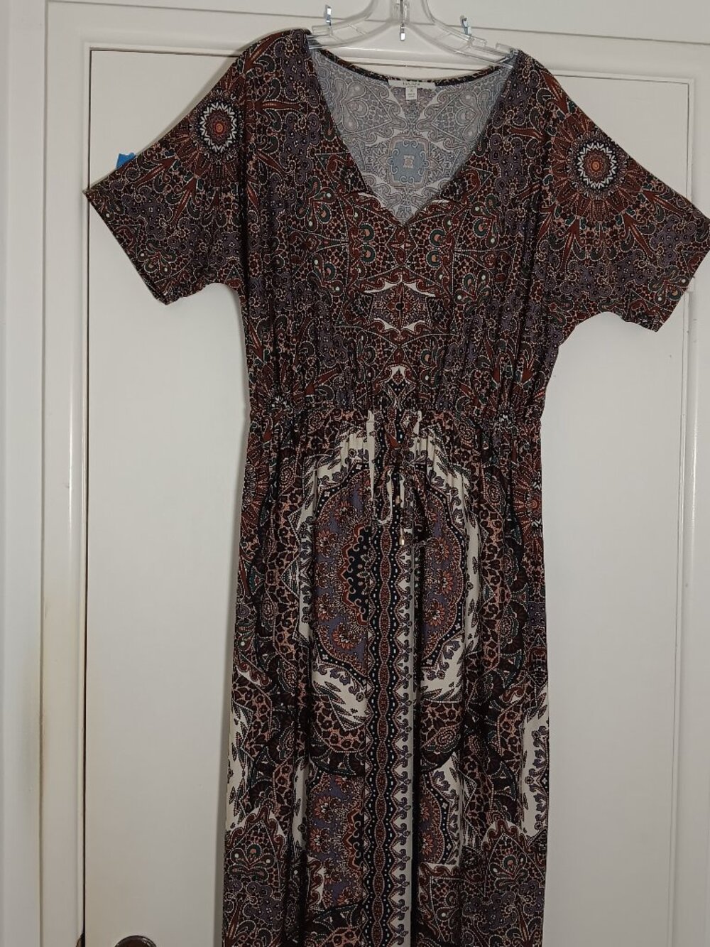 Haan womans 1X paisley Boho dressV neck dolman sleeve tie waist